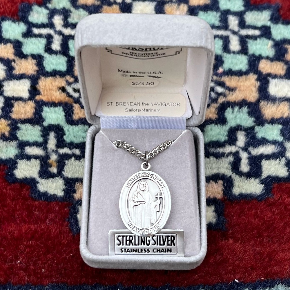 St. Brendan the Navigator Sterling Silver Oval Religious Medal Necklace 24”Chain